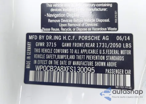 2015 Porsche Boxster S z USA, uszkodzony, nr VIN WP0CB2A8XFS130095